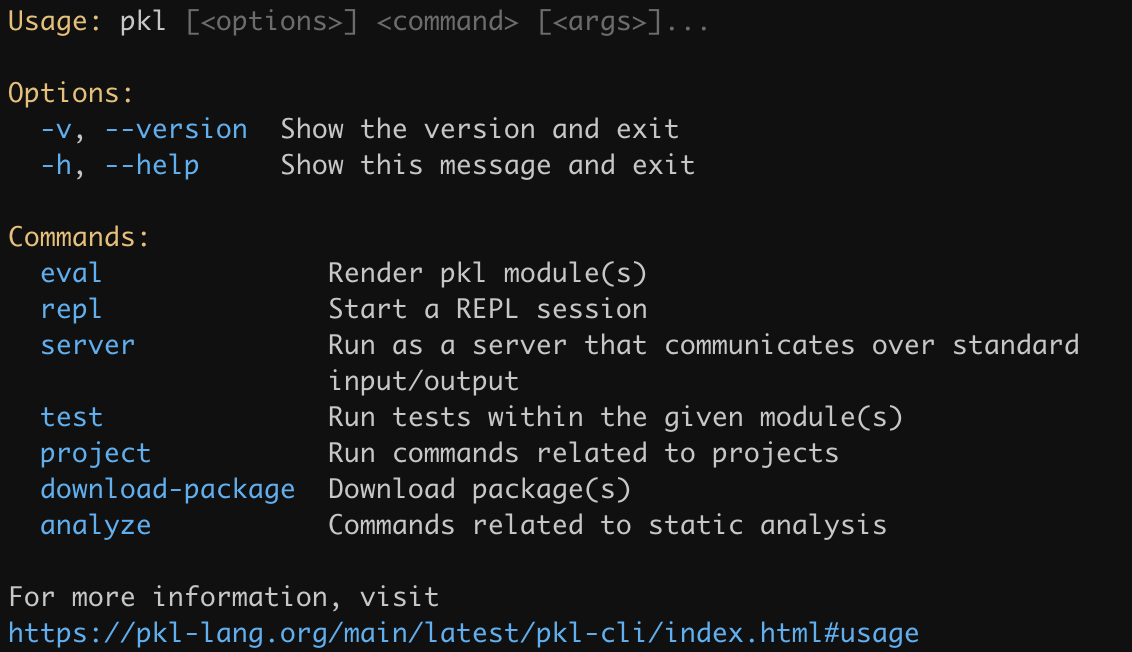 new pkl cli help output